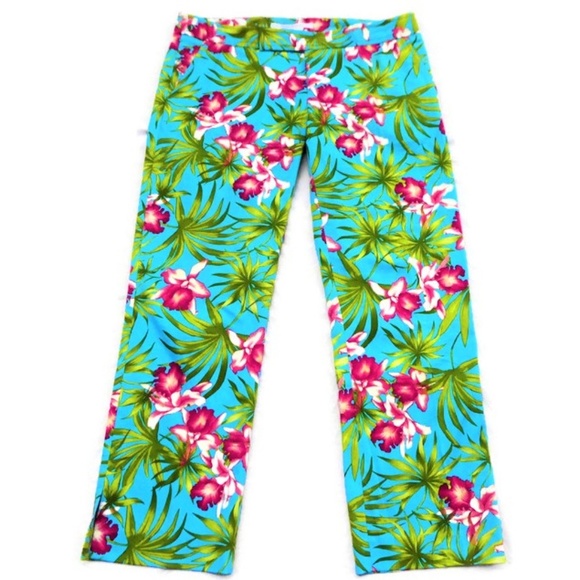 Zara Pants - Vintage 90s Y2K Zara Ankle Slit Pants Tropical Hawaiian Pockets Stretchy Spain 8